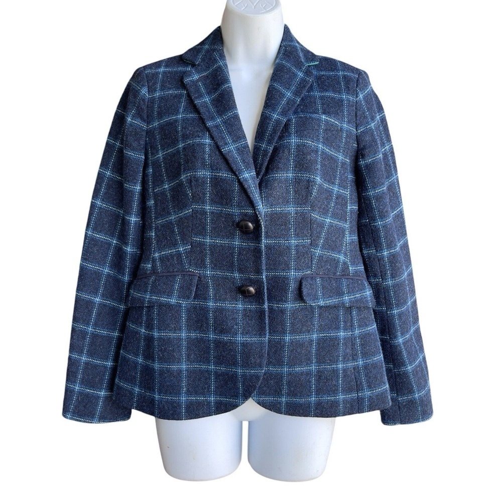 TALBOTS Plaid Wool Blend Blazer Long Sleeve Classic Career Jacket Size 2 Blue